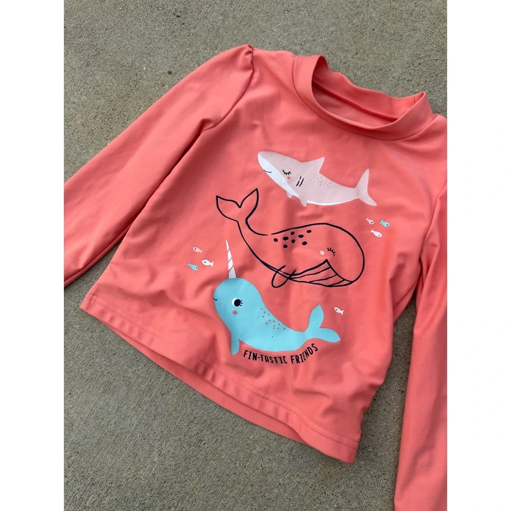 Simple‎ Joys by Carters Girls 5T Rash Guard Coral Pink Narwhal Whale Shark Swim